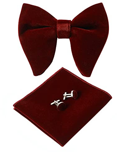 HOULIFE Fliege Herren Set - Verstellbare Fliege aus Samt Vorgebunden Fliege, einfarbige Einstecktuch, Manschettenknöpfe Set für Bräutigam Hochzeit formal mit Geschenkbox (Burgund)
