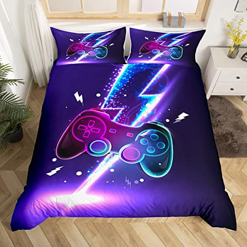 Gamer Housse de Couette Gaming Parure de Lit 140x200cm pour Enfants Chambre Jeu Vidéo Flash Décor Ensembles de Housse de Couette Contrôleur de Jeu 2Pcs