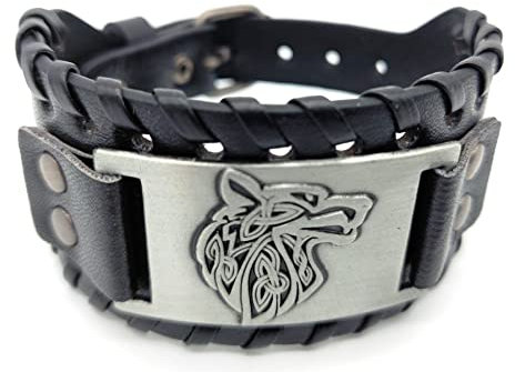 AB Viking Crafts Vikings Wikinger Armband Wolf Motiv Leder Metall schwarz silber