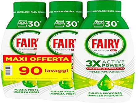 Fairy Lessive Lave-vaisselle Gel Liquide, 90 lavages, Lot de 3 bouteilles, Platinum Citron, donne Extra Brillance au Lave-vaisselle, Combine Nettoyage Brillant et Fraîcheur