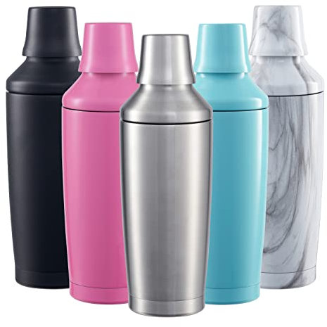 FABV Gift Ready Cocktail Shaker with Jigger Spirit Measure Lid - 600ml Vacuum Insulated Stainless Steel Shaker - Cocktail Mixer with Built-in Strainer