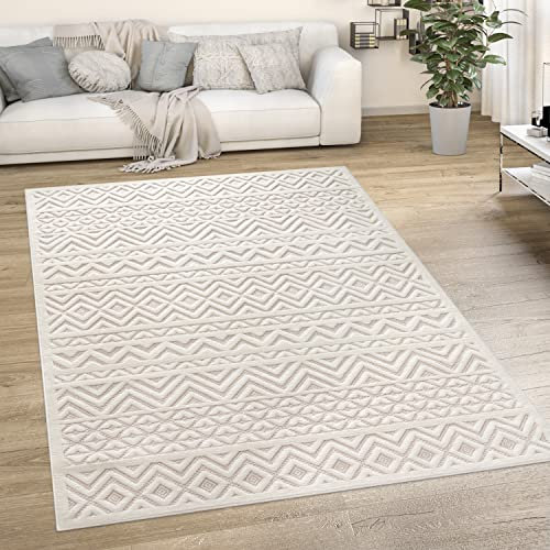 Paco Home Outdoor Teppich wetterfest & langlebig Moderne Boho-Designs mit 3D-Effekt Skandi-Look UV-beständig & robust für Balkon, Garten, Wohnzimmer & Küche, Grösse:80x150 cm, Farbe:Creme