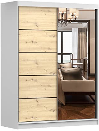 Fabryka Mebli Idźczak - Armoire Vista 05 Avec Miroir, 2 Portes Coulissantes 150 x 200 x 61 cm, Moderne Pour Chambre et Salon - Blanc/Artisan