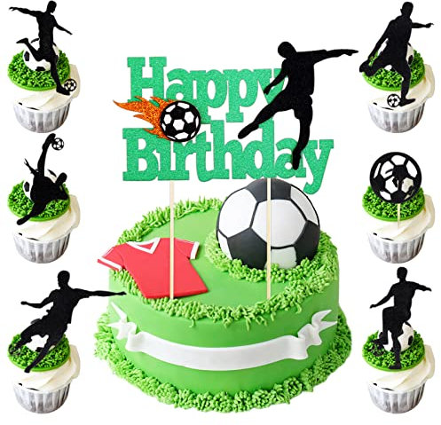 Grevosea 7 Pieces Football Cake Topper, Happy Birthday Football Cake Decorations Soccer Cake Topper Decorations for Boys Birthday Decorations Sports Themed Party Decorations Supplies