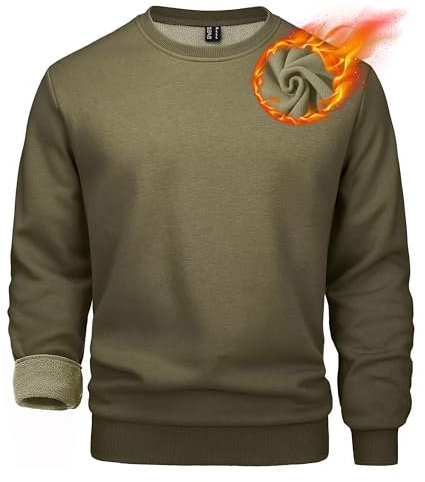 MAGCOMSEN Herren Crewneck Langarmshirt Fleece Sport Pullover Einfarbig Baumwolle Sweatshirt Herren O-Neck Casual Tops Gefüttert Winter Laufpullover Gym Outdoor Oberteile Shirt Armeegrün L