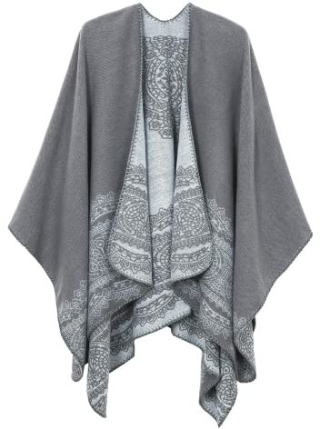 EXCHIC Damen Warm Offene Front Strick Schals und Wraps Floral Elegante Cardigans Poncho Cape Coat Mantel (Grau-91)