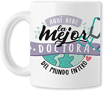 BAOBAB REGALOS Médica Taza original de café para regalar a trabajadora sanitaria con frase y dibujo, ideal desayuno. Cerámica blanca - Aquí bebe la mejor Doctora del mundo entero