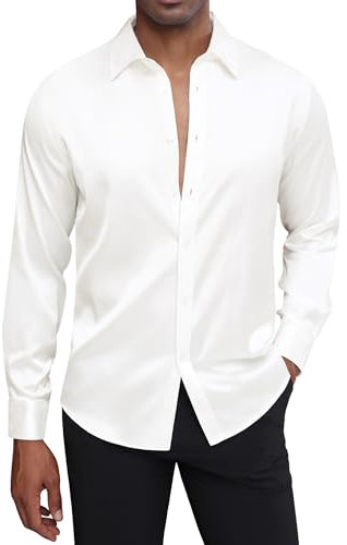 J.VER Men's Silk Satin Long Sleeve Dress Shirts Shiny Casual Button Down Shirt Luxury Party Prom Shirts, White, Medium
