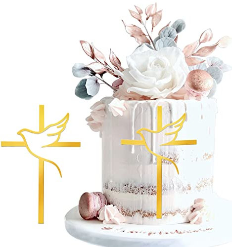 WOOXDYUK 2 Stück Kuchendeko Kreuz Cake Topper Taube Gold Acryl Torte Deko, Schillernder Spiegeleffekt für Hochzeit, Geburtstag, Weihnachten, Party & mehr, 15x10cm