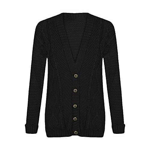 LUXFAB New Womens Everyday Long Sleeve Button Top Ladies Chunky Aran Cable Knit Grandad Cardigan UK Size 8-26 Black