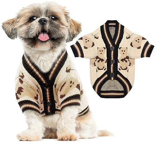 ABRRLO Small Dog Sweaters Cute Bear Dog Cardigans Clothes for Small Medium Dogs Boy Girl Puppy Cat Knitting Cardigan Outfits Dogs Autumn Coats Warm Pet Doggy Clothes Soft Knitwear Apparel (Beige,M)