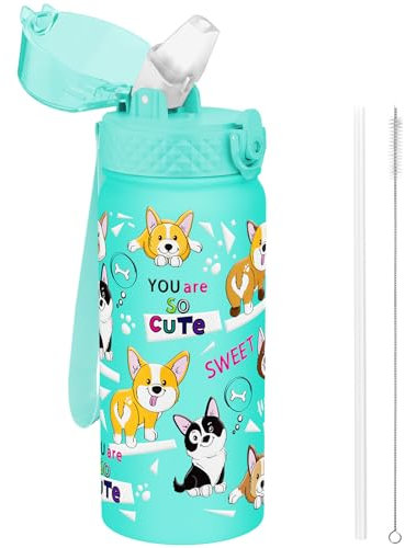 GOPPUS 550ml/18oz Botella Agua Aislada para Niños con Pajita Acero Inoxidable Doble pared Frasco Pequeño con Aislamiento al Vacío Acero a Prueba Fugas Frasco Bebida Doble pared Pequeños Termo sin BPA