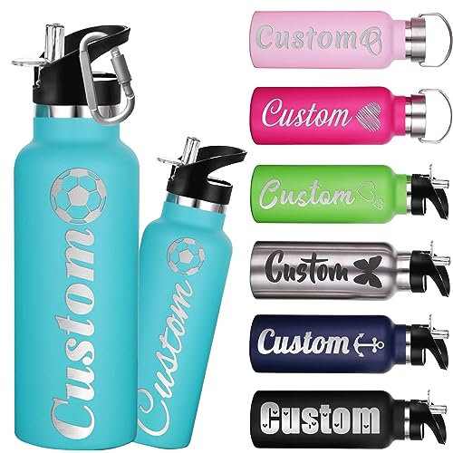 Custom Water Bottles 26oz Personalised Stainless Steel Water Bottle with Straw Lid Customised Insulated Double Wall Bottles with Engraved Name Text for School Sports-Mint Blue
