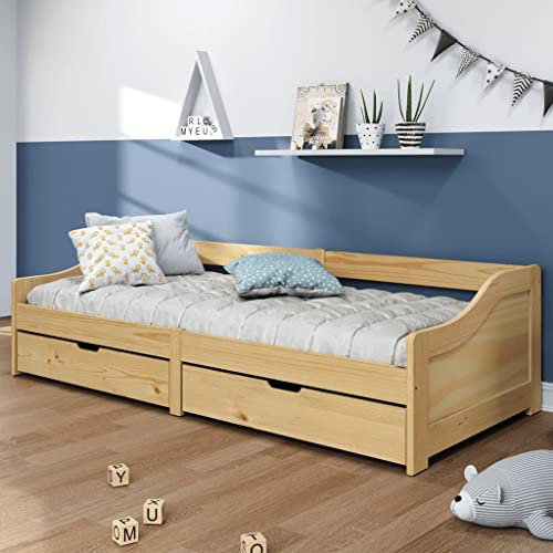 NITCA Tagesbett mit 2 Schubladen Bett mit Stauraum iRun Braun 90x200 cm Gästebett Tagesbetten Funktionsbett Einzelbett Bettrahmen Massivholz Kiefer