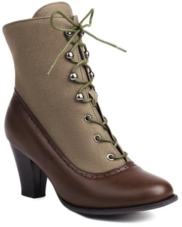 Stivaletti Stringati con Tacco Grosso da Donna, Stivali da Streghe vittoriani retrò con Punta Tonda, Stivaletti Pirata Classici Steampunk con Tacco Basso,Marrone,37 EU