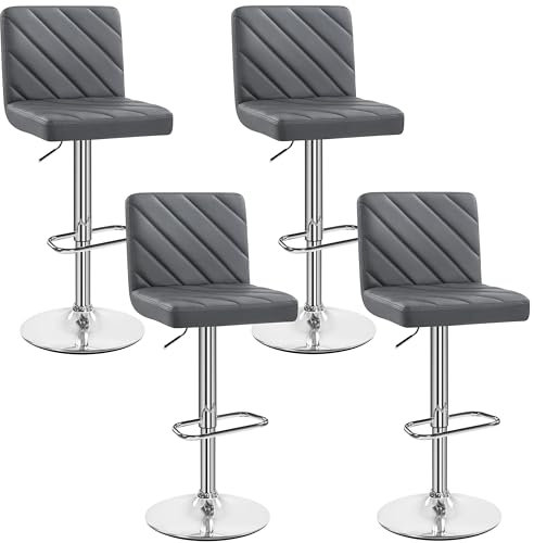Yaheetech Lot de 4 Tabourets de Bar en Similicuir Réglables en Hauteur 92-113,5 cm Chaises de Bar Sièges Pivotants Modernes Design Rayures Tabourets Hauts Rembourrés Dossier Repose-Pied Gris Foncé