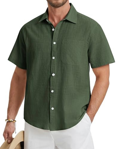 HISDERN Mens Shirts Short Sleeve Green Linen Summer Casual Beach Shirts Button Down with Pocket Regular Fit Shirt Tops L