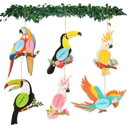 6 Stück Tropische Vögel Party Deko, Papagei Wabenball Concrete Jungle Decorations, Farbe Summer Dschungel Deko, Hängende Hawaii Deko, Papageien Deko für Tropical Party Luau Party Mottoparty