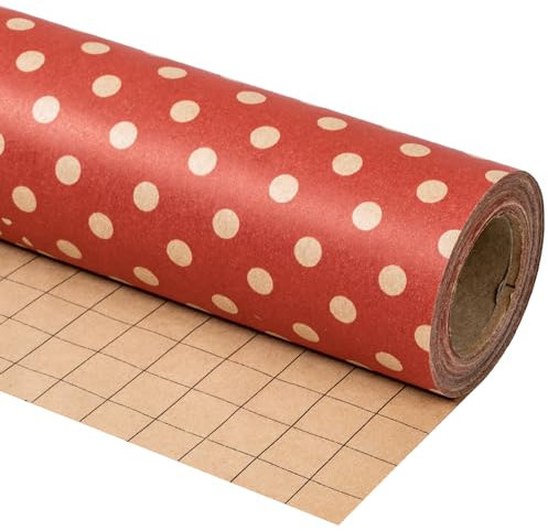 RUSPEPA Rouleau De Papier D'Emballage Kraft - Mini Rouleau - Conception De Points Sur Fond Rouge Idéal Pour Anniversaire, Fête, Baby Shower - 44,5 Cm X 10 M