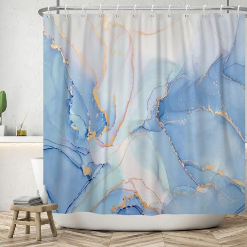 ASDCXZ Marmor Duschvorhang 180x220 cm, Modern Abstrakt Blau Weiß Gold Marmor Optik Textur Waschbar Bad Duschvorhänge Polyester Textil Wasserdicht Duschvorhang für Badewanne mit 12 Haken