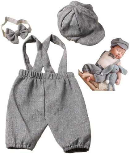 AMOYER Neugeborenen Fotografie Kostüm Requisiten Outfit Baby Little Gentleman Anzug Säugling Hosenträger Overall Casquette Und Fliege