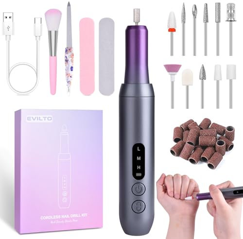 EVILTO Electric Nail Files Cordless, Professional Nail Drill LCD Display With 12 Bits 30000RPM Rechargeable Manicure Pedicure EFile For Gel Nail Polish Acrylic Nails Thick Toenails Removal,Grey purple