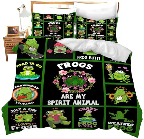Lustiges Frosch-Bettwäsche-Set, 3-teilig, weich, leicht, Mikrofaser, Frösche sind mein Geist, Tier-Tier-Tagesdecken-Set mit niedlichen Fröschen, Bettbezug, Doppelbett, Queen-Size-Bett, Bettdecken-Set