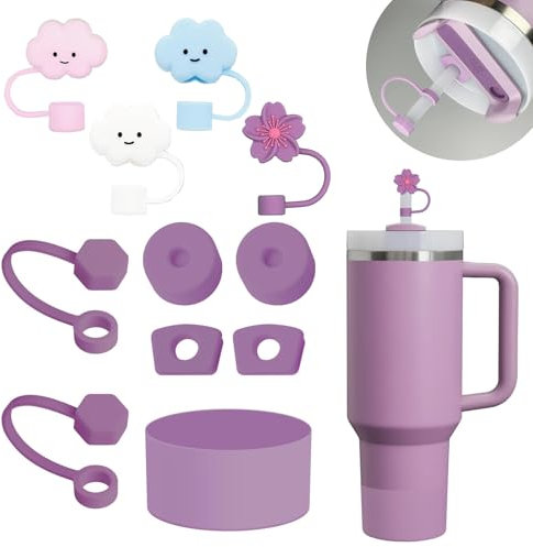 Frundoo Stanley Cup Accesorios Traje Incluye 6 Tapas de Pajitas de Silicona, 2 Tapones para Pajitas, 2 Tapones Redondos y 1 Funda de Silicona para Vasos Stanley de 1,2 L y 850 ml(Productos patentados)