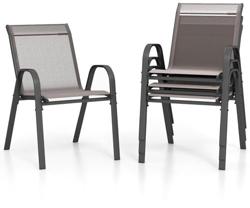 TANGZON Garden Dining Chairs Set of 2/4, Stackable Outdoor Armchairs with Armrests, Modern Accent Chairs for Balcony Poolside Backyard (Grey, 4PCS)