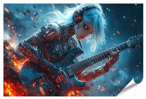 islandburner XXL Bild Poster Cyborg Musikerin mit Gitarre im futuristischen Feuerregen Premium Bilder Fotodruck