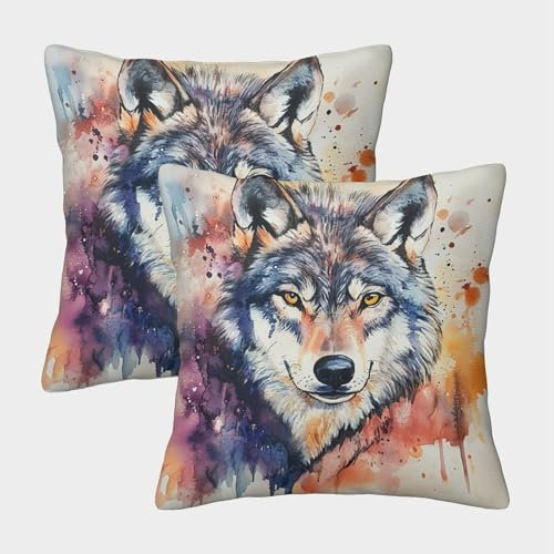 RNDKAUUIE Bemalter Wolf Kissenbezug 2er Set Kopfkissenbezug Mit Reißverschluss Outdoor Kissen Wolfskopf Kissenbezüge Kissenhüllen Für Sofa Wohnzimmer Zierkissen 40x40cm