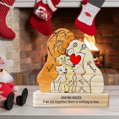 Drawelry Personalisierte Löwe Familienpuzzle mit 2-9 Namen Skulptur Holzpuzzle Ornament Löwen Umarmen Holz Statue Puzzle Heim Büro Desktop Dekoration Vatertag Geburtstag Geschenke für Mama Papa (A2)