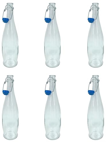 Chabrias Ltd Pack of 6 Traditional Glass Water Bottle with Swing Top, 1 Litre (1000 ml) – Plastic Stopper, Airtight Seal