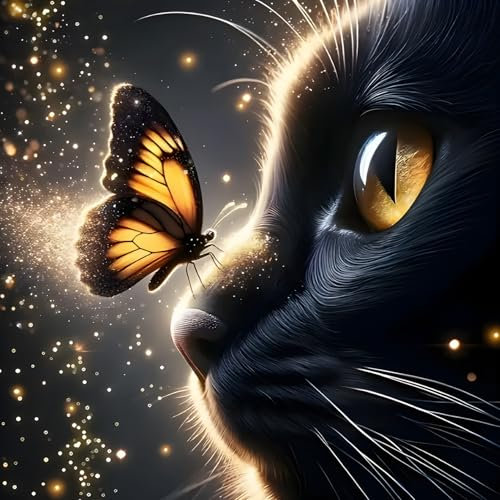 GDYEEH Schwarze Katze Diamond Painting Erwachsene, 5D Cat Diamant Kunst Bilder Anfänger, DIY Runder Vollbohrer Schmetterling Diamanten Malerei Stickerei Kreuzstich Geschenke Home Wand Dekor 30x30 cm