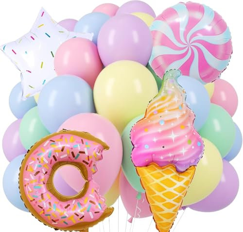 14 Stück Eiscreme Luftballon Geburtstags, Rosa Lila Blau Grün Gelb Macaron Latex Ballons, Helium Ballon, Candy Ice Cream Donut Folienballon für Jungen Mädchen Geburtstag Party Dekoration (A)