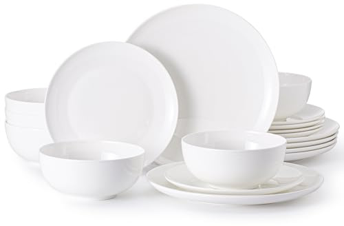 HIKAA Geschirrset 6 Personen, 18-Teiligs Knochenporzellan Geschirr Set, Teller Set Mikrowellen und Spülmaschinenfest, Tafelservice für Zuhause, Hochzeiten, Kombiservice Leicht und Langlebig (Weiß)