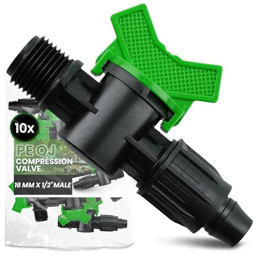Instalguru 10x Valvola di Intercettazione PE 16x1/2'' Maschio Rubinetto Sfera Raccordo Compressione Regolatore Flusso Tubo Irrigazione Goccia Giardino Plastica Robusta Nero Verde
