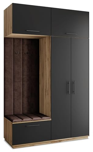 Masseno Flugarderoben Set Rema, Kleiderschrank-Set mit Sitzbank, Garderobenschrank Flur mit 5 Regalböden, Eiche Wotan/Schwarz