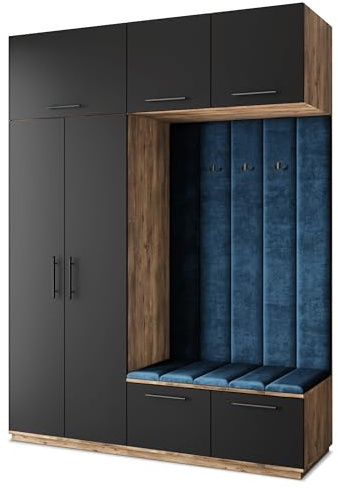 Masseno Flugarderoben Set Rema, Kleiderschrank-Set mit Sitzbank, Garderobenschrank Flur mit 5 Regalböden, Eiche Lefkas/Schwarz