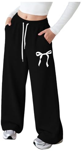 Pantalon Jogging Filles Baggy Pantalon de Survêtement avec nœud Imprimé Taille Élastique avec Cordon de Serrage à Jambes Larges Pantalons Confort Décontracté Jogging Baggy Enfant Ado avec poches
