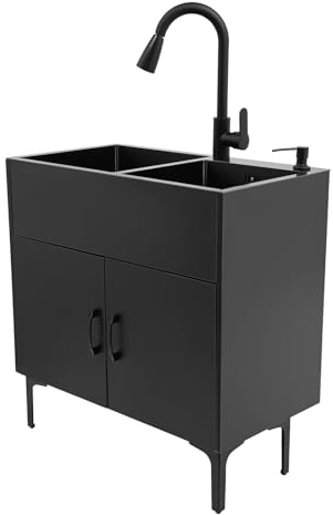 Goddlgjik Lavello da cucina autoportante in acciaio inox con 2 vasche da 75 x 41 cm, lavello nero con rubinetto estraibile e mobiletto inferiore, per cucina domestica, giardino, esterni, lavanderia