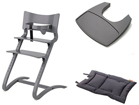 Leander Stuhl grau - Hochstuhl - Kinderstuhl - Erwachsenenstuhl mit Babybügel + Tablett grau + Kissen dark grey