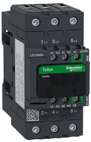 Schneider Electric TeSys Deca contactor,3P(3NO),AC-3/AC-3e/=440V 50A,24-60V AC/DC coil,EverLink,LC1D50ABNE