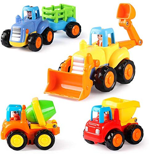 Coogam Push et Go Petite Voiture Alimenté par Friction Véhicule de Construction Jouet éducatif Précoce pour 1 2 3 Ans Bébés Bébés de - Lot de 4 - Tracteur Bulldozer Camion Bétonnière et Dumper