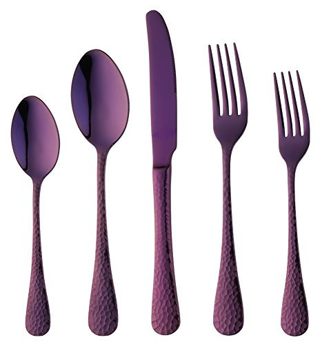Bisda Lila Besteck-Set, 20-teilig, Premium 18/8 Edelstahl, gehämmert, Küchenutensilien, Besteck-Set, 4-teilig, hochglanzpoliert, spülmaschinenfest