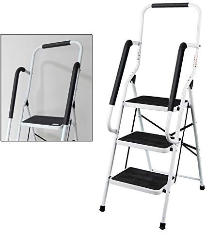 Scaletta a 3 gradini con corrimano di sicurezza, con gradini antiscivolo, scala pieghevole e portatile, in acciaio robusto, capacità massima di 150 kg, ideale per casa/cucina/garage