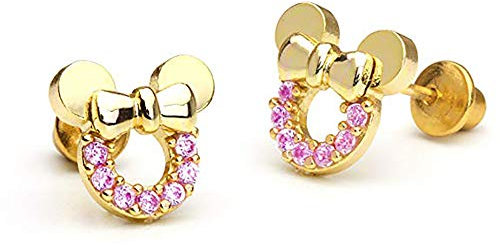 Kaguyo Minnie Mouse Ohrringe, vergoldet 925 Sterling Silber Amethyst weiß blau rosa Zirkonia Mickey Mouse Ohrstecker für Frauen Mädchen, süßes Design Geburtstagsgeschenk (gold rosa)