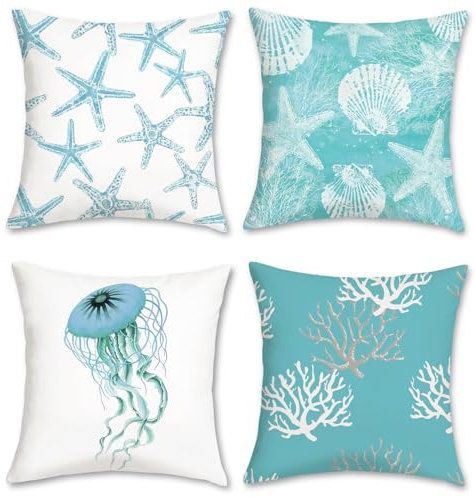 Bonhause 4er Set Kissenbezüge Strand Sommer 45 x 45 cm Seestern Muschel Quallen Küstenblau Dekorative Kissenhülle Zierkissenbezüge für Sofa Wohnzimmer Auto Zuhause Dekoration