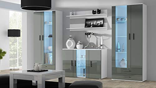 Furniture24 Wohnwand SOHO 10 mit Blauer LED Beleuchtung, Anbauwand, Wohnzimmerschrank, Schrankwand, Vitrine, Lowboard, Hängeregal (Weiß/Grau Hochglanz)