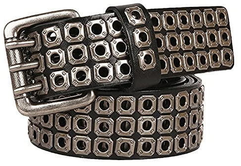 YDYBY Herren Damen 3 Reihen Nieten Echtleder Gürtel Punk Rock Style Nietengürtel für Oder Gothic-Outfits 105cm - 125cm Länge,Schwarz,115CM